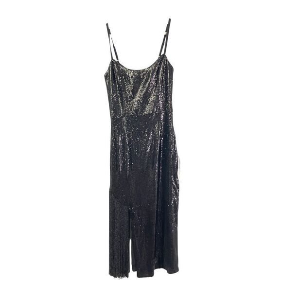 Dress the Population Black Rory Sleeveless Sequin Dress With Fringe Small Midi - Picture 10 of 11